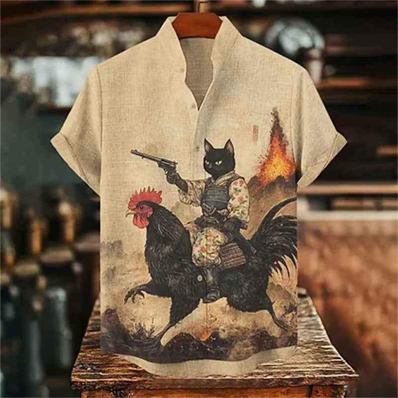 Men's Retro Cat Shirt Funny Calligraphy Dinosaur Volcanic Eruption Print Short Sleeve Holiday Outwear Vintage Japanese Clothing