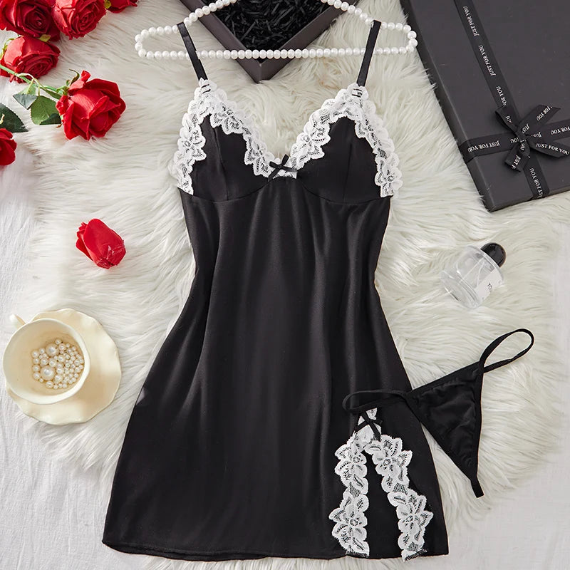 Light Purple Deep‑V Lace Bow Nightdress