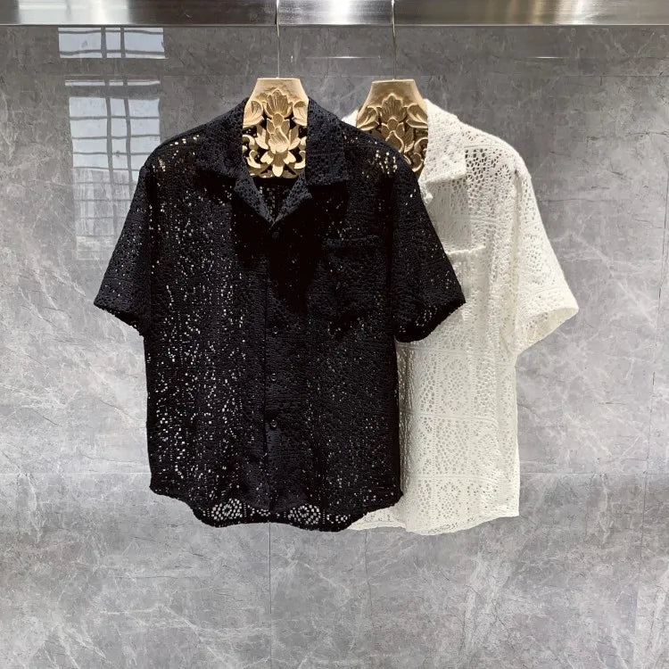 Summer Mens Hollow Out Crochet Beach Shirt Short Sleeve Single Breasted Loose Fit Tops Vintage Breathable Night Clubwear Shirts