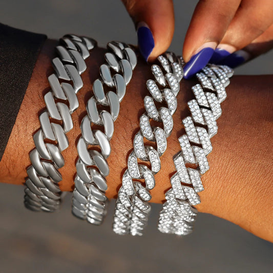 1Pcs 13/14MM Cuban Chain Bracelet for Men Women Prong Miami Rhinestones Cuban Bracelets Wristband Hiphop Gifts Jewelry