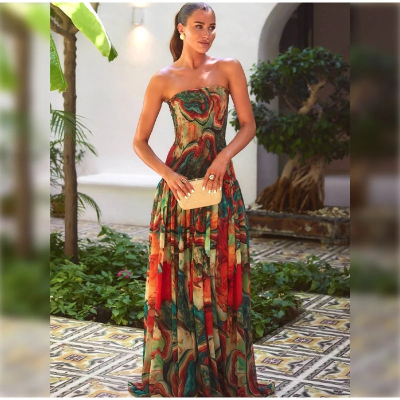 Pleated Waist Strapless Dress Women's New Printed Colorful Long Gown Elegant Fashionable Summer Vacation Party Robe 2025