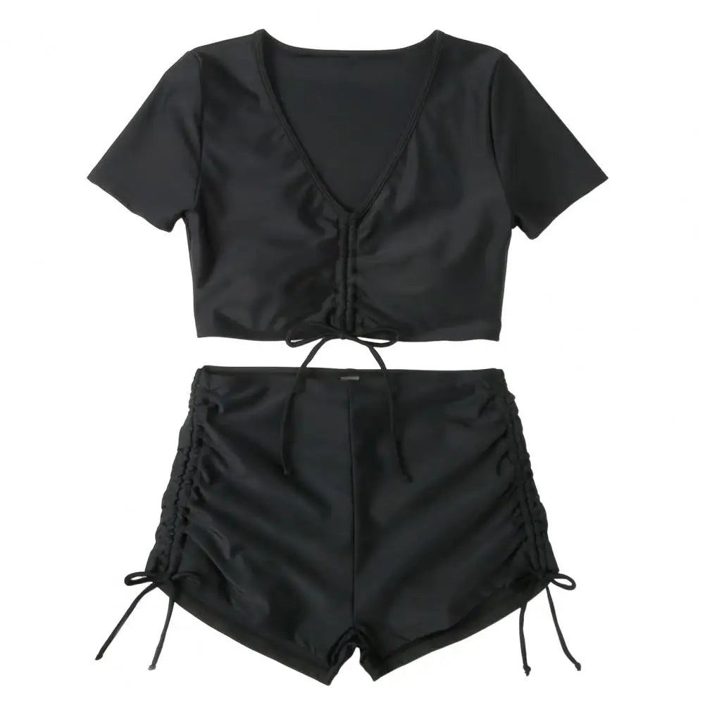 Solid Color Swimwear Stylish Women's Summer Bikini Set with V-neck Short Sleeve Tops High Waist Drawstring Swimming for Beach