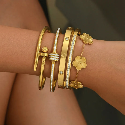 Waterproof Stainless Steel Bangle Lucky Clover Women's Gold Plated Bracelets with Flowers Design Luxury Jewelry Gift