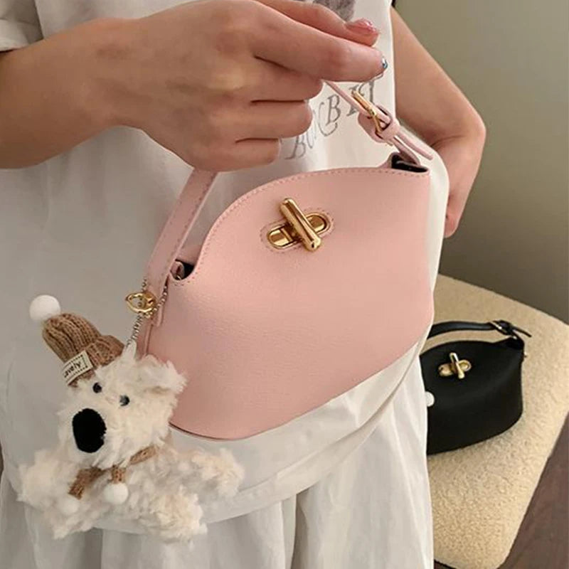 Litchi Leather Gold Button Handbag Brand Niche Fashion Simple Bucket Bag Korea Soft Pink Versatile Luxury Shoulder Bag For Women