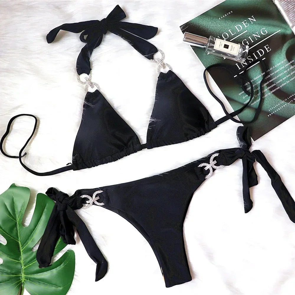Women’s Push‑Up Crystal Strap Bikini – Shiny 7‑Color Two‑Piece Brazilian Swimsuit, Summer Beachwear