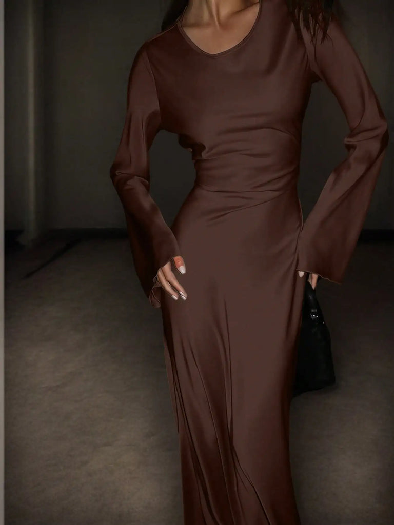 Women’s Bespoke Satin Maxi Dress – Corset Waist Tie, Round Neck & Flared Sleeves | Luxury Evening Gown 2026