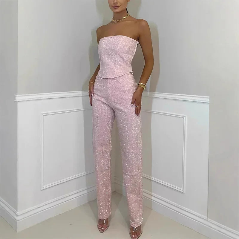 Sexy Women's Sparkling Rhinestone Denim Set Corset Shaping Crop Top Matching Slim Fit Jeans Party Clubwear Cowgirl Style 2pcs