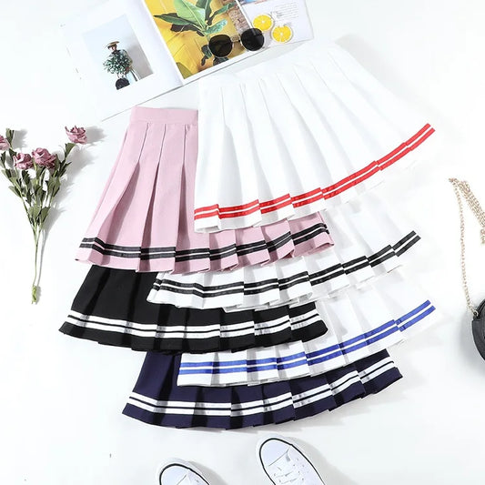 High‑Waist Elastic Patchwork Striped Pleated Mini Skirt