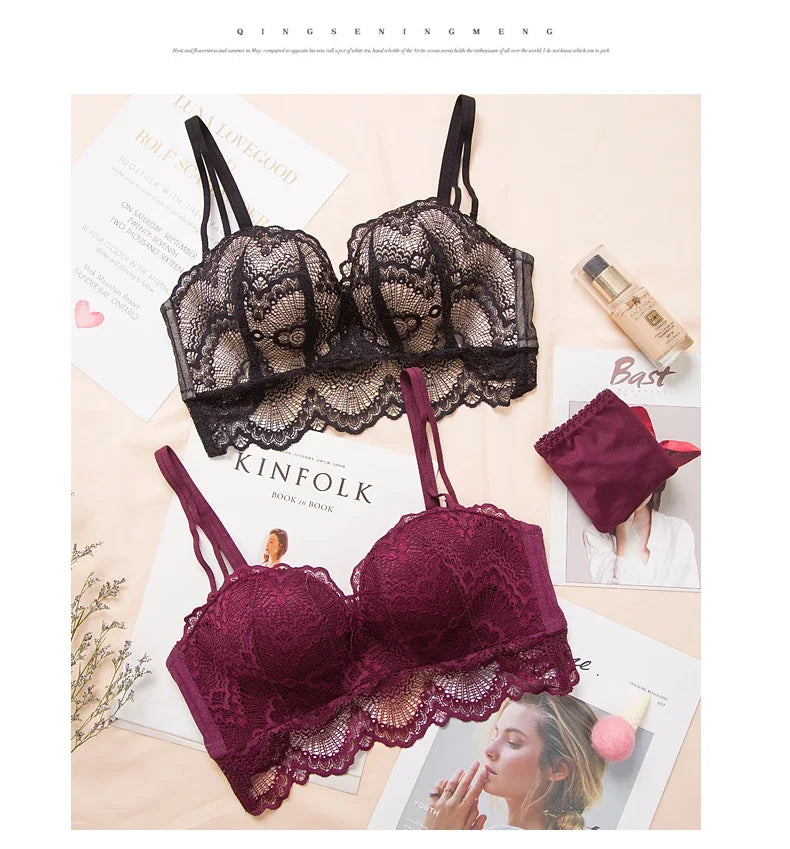 Sexy Push Up Bra Lingerie Set - Comfortable Wireless Lace Underwear, Massage Palm Cup for Lift, 75C/80C/85C