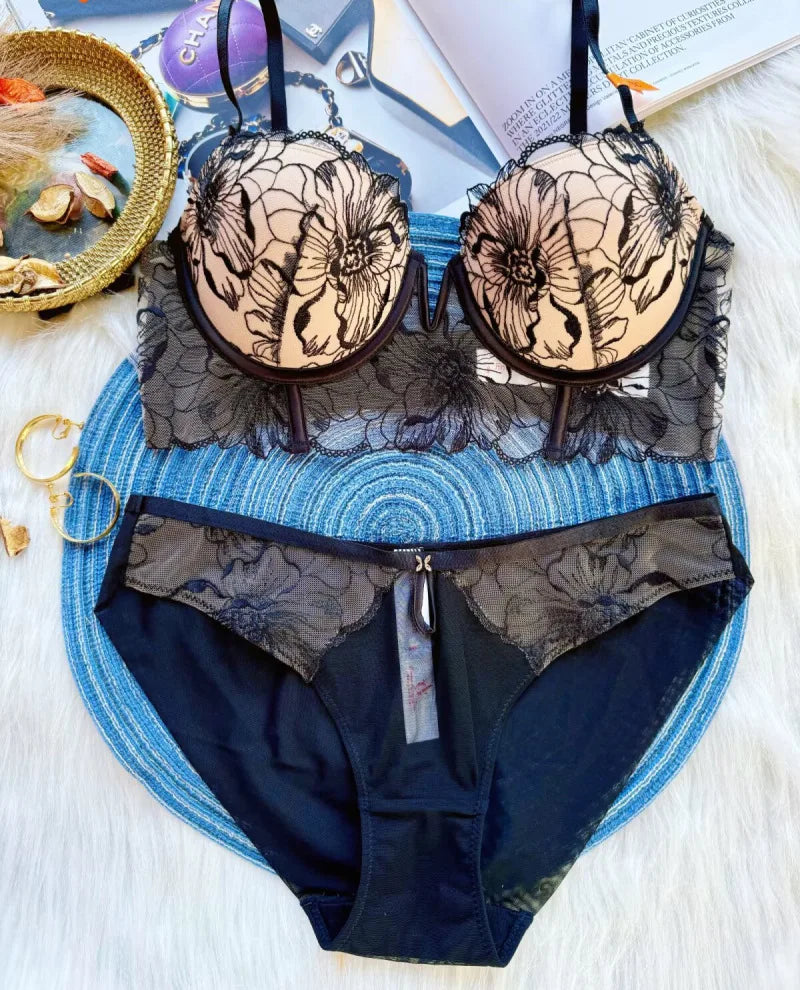 Big Size 70-85 BCD 2025 New Embroidery Deep-V Neck Lingerie For Women Sexy Underwear Thin Thicken Push Up Female Bra Pants Sets