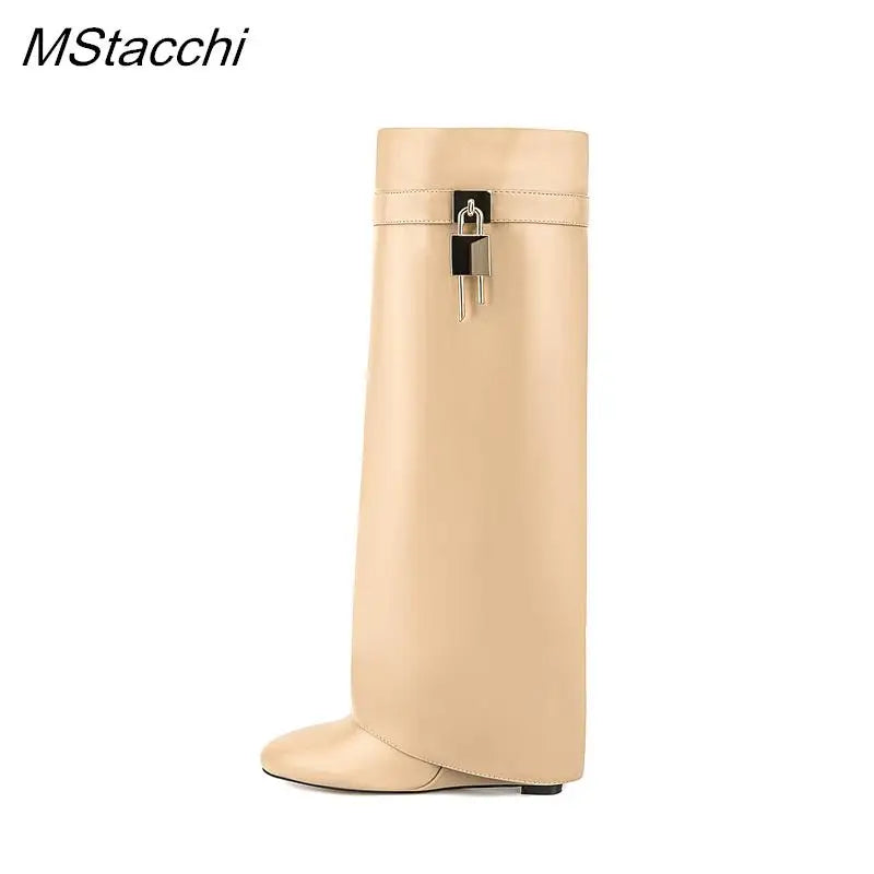 Lock Metal Buckle Women Knee High Boots Wedges Shoes For Woman Punk Style Round Toe Zipper Cowboy Boots Trend 2025 Female Shoes