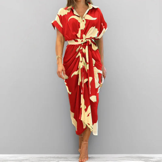 New 2025 Spring Summer Bohemia Shirt Print Dresses Women Turn-down Collar Sashes Long Dress Casual Party Oversized Loose Dress