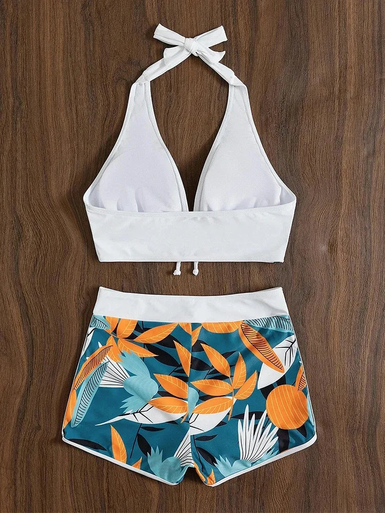 2023 Women’s Halter High‑Waist Bikini Set – Printed Short Swimsuit Two‑Piece Beachwear