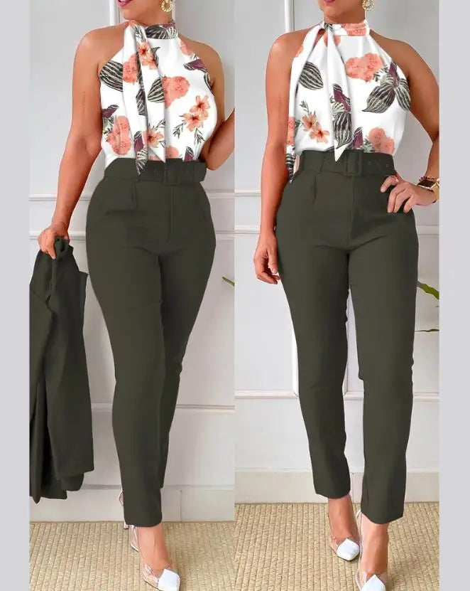 Colorful Women's Pants Suit Spring and Summer 2023 New Sleeveless Floral Print Hanging Neck Vest Belt High Waist Pants Suit