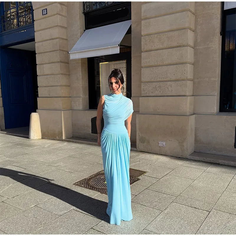 Irregular Shawl Blue Maxi Dress – Women’s 2025 Slim‑Fit Turtleneck Pleated Evening Party Dress