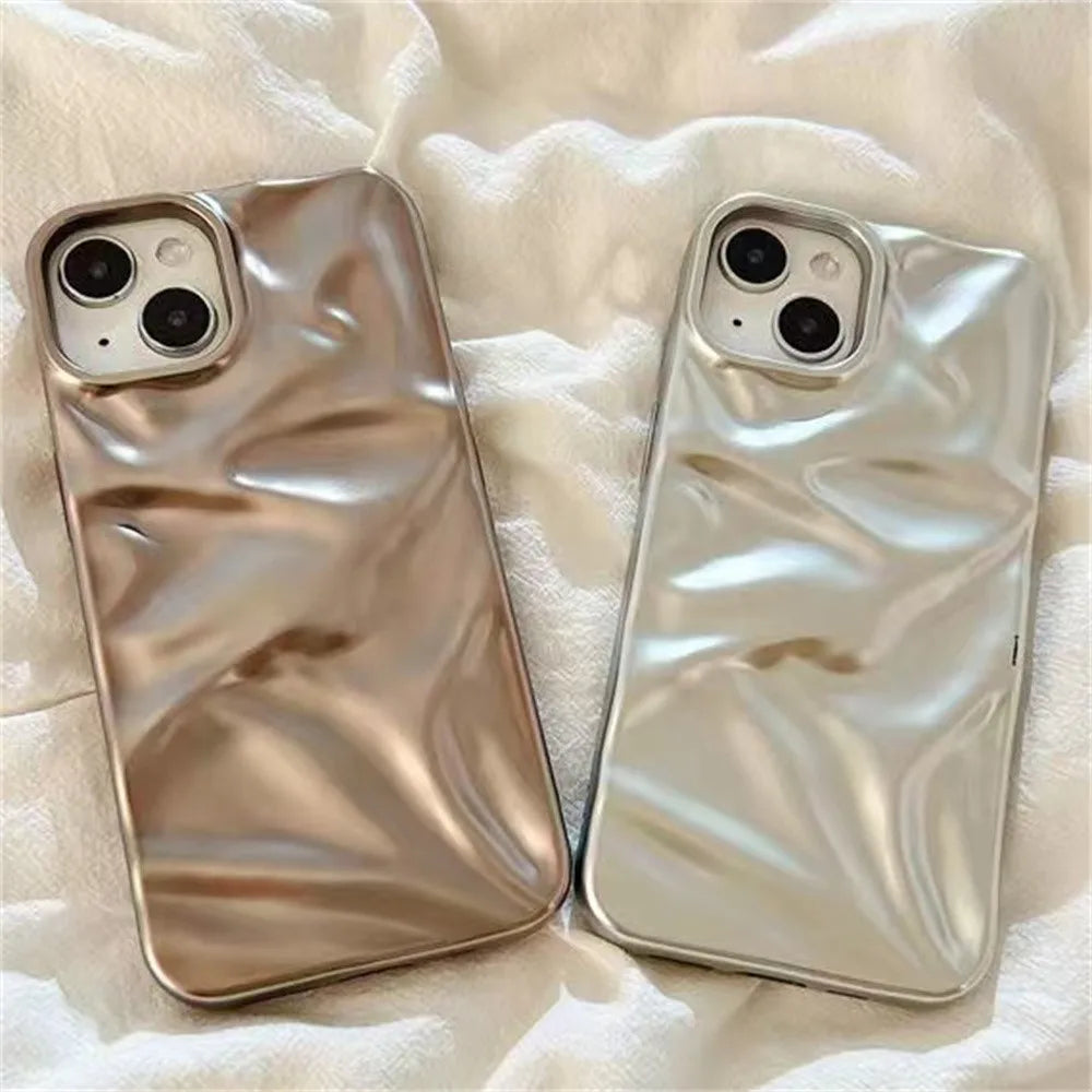 Luxury Matte Silver Water Ripple Phone Case For iPhone 16 15 14 Plus 13 12 Pro Max 11 Creative Frosted Wrinkle Shockproof Cover