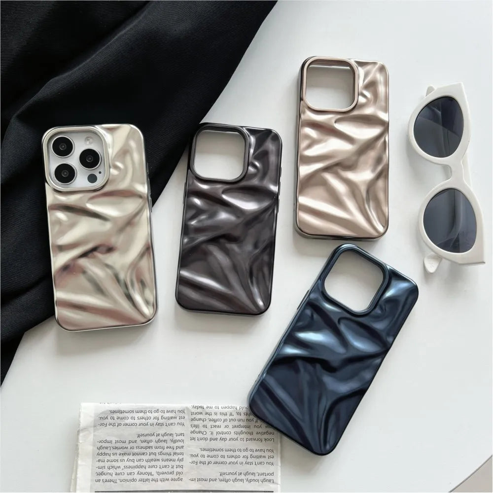 Luxury Matte Silver Water Ripple Phone Case For iPhone 16 15 14 Plus 13 12 Pro Max 11 Creative Frosted Wrinkle Shockproof Cover