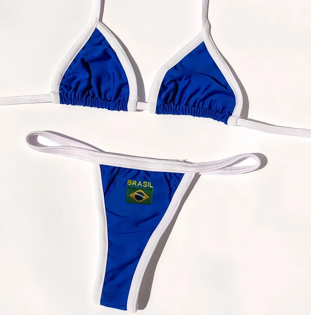 2026 Sexy Embroidery Brasil Flag Contrast Split Bikini Set Women Swimwear Patchwork Swimsuit Hottie Outfit SummerBeachwear