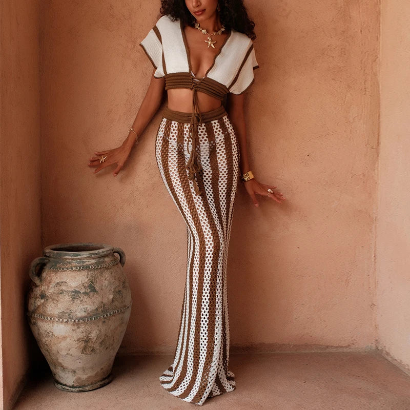 Women’s Brown & White Stripe Knit Cover‑Up Set – Tie‑Up Top + Long Sheer Skirt Beach Vacation Outfit