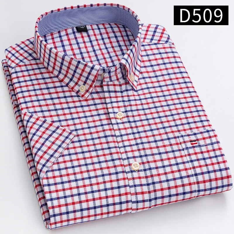 Men’s 100% Cotton Oxford Short‑Sleeve Shirt – Breathable Summer Plaid/Striped Business Casual (Regular/Oversized Fit)