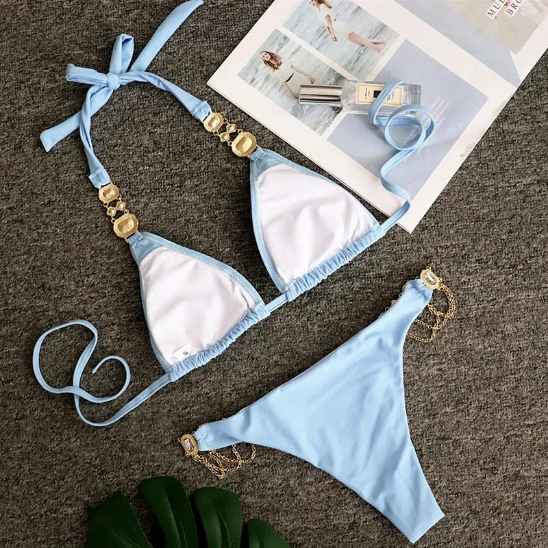 Women’s 2026 Rhinestone Diamond Bikini – Halter Chain Two‑Piece Swimsuit, Sexy Shiny Brazilian Swimwear