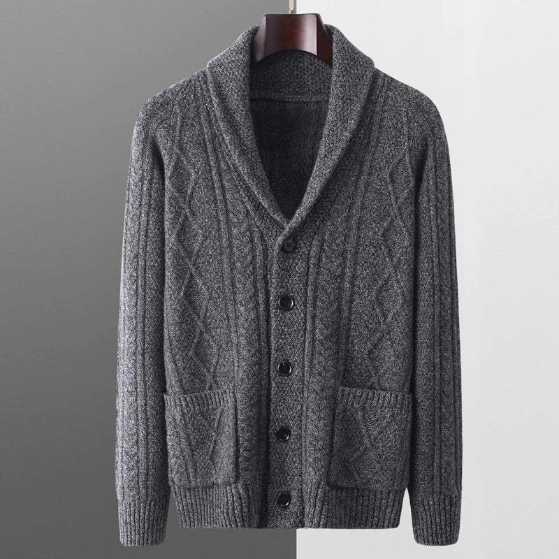 Autumn Winter Men 100% Merino Wool knitted Cashmere Sweater Thick Jacquard Coat Turn-Down Collar Cardigan Smart Casual Chic Tops