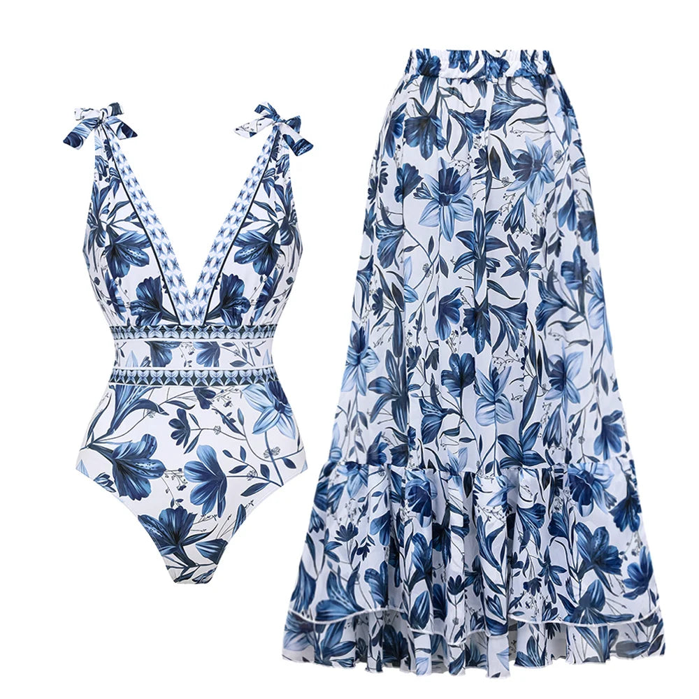FLAXMAKER Lace‑Up V‑Neck Ruffle Monokini & Sarong