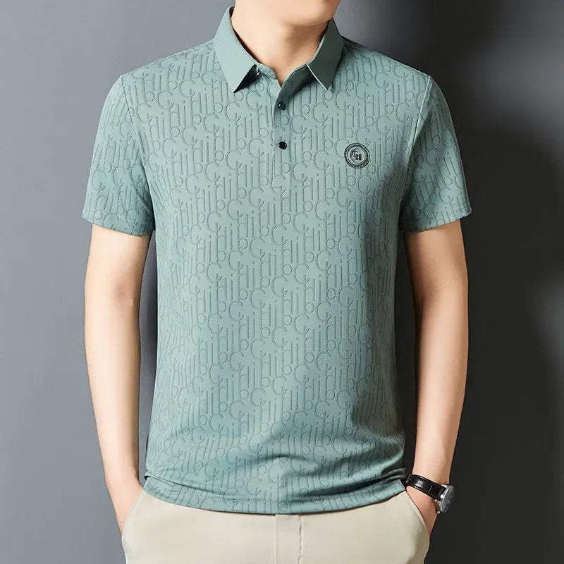 New Men's Business Casual Short Sleeved Shirt with Badge Solid Color Polo Shirt Fashionable Breathable Comfortable Versatile Top