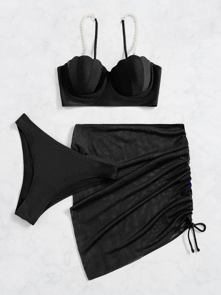 Women’s Shell‑Bra Push‑Up Bikini – 3‑Piece Pearl Strap Swimsuit with Beach Skirt 2023