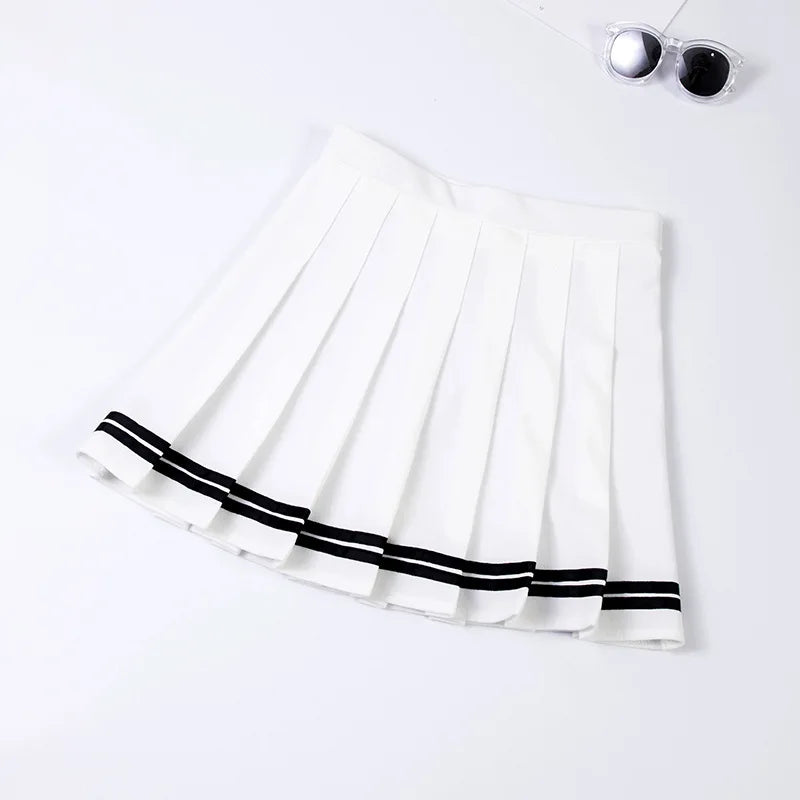 High‑Waist Elastic Patchwork Striped Pleated Mini Skirt