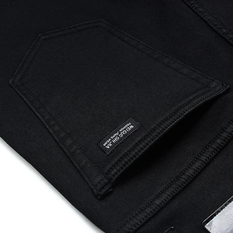 Men’s Stretch Black Biker Jeans – Classic Spring/Autumn Soft Denim Pants | Fashion Slim/Regular Fit Trousers