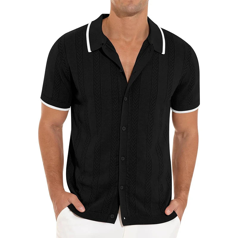 Summer Beach Breathable Hollow Out Shirts Men Casual Short-sleeved Button Lapel Knit Shirt Vintage Patchwork Knitting Cardigans