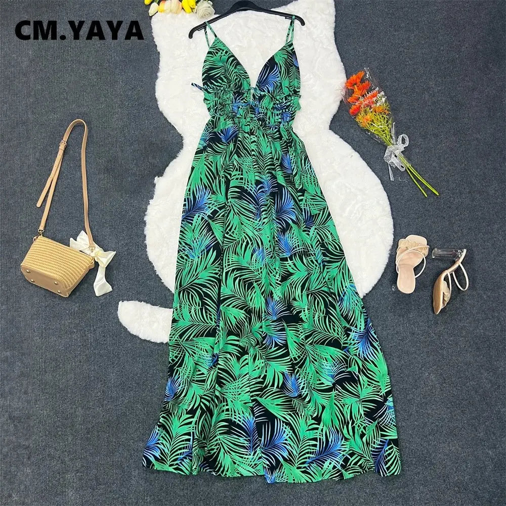 CM.YAYA Women Leaf Printed Spaghetti Strap Backless Deep V-neck Straight Maxi Long Dress 2023 Beach Sexy Street Vestidos Dresses
