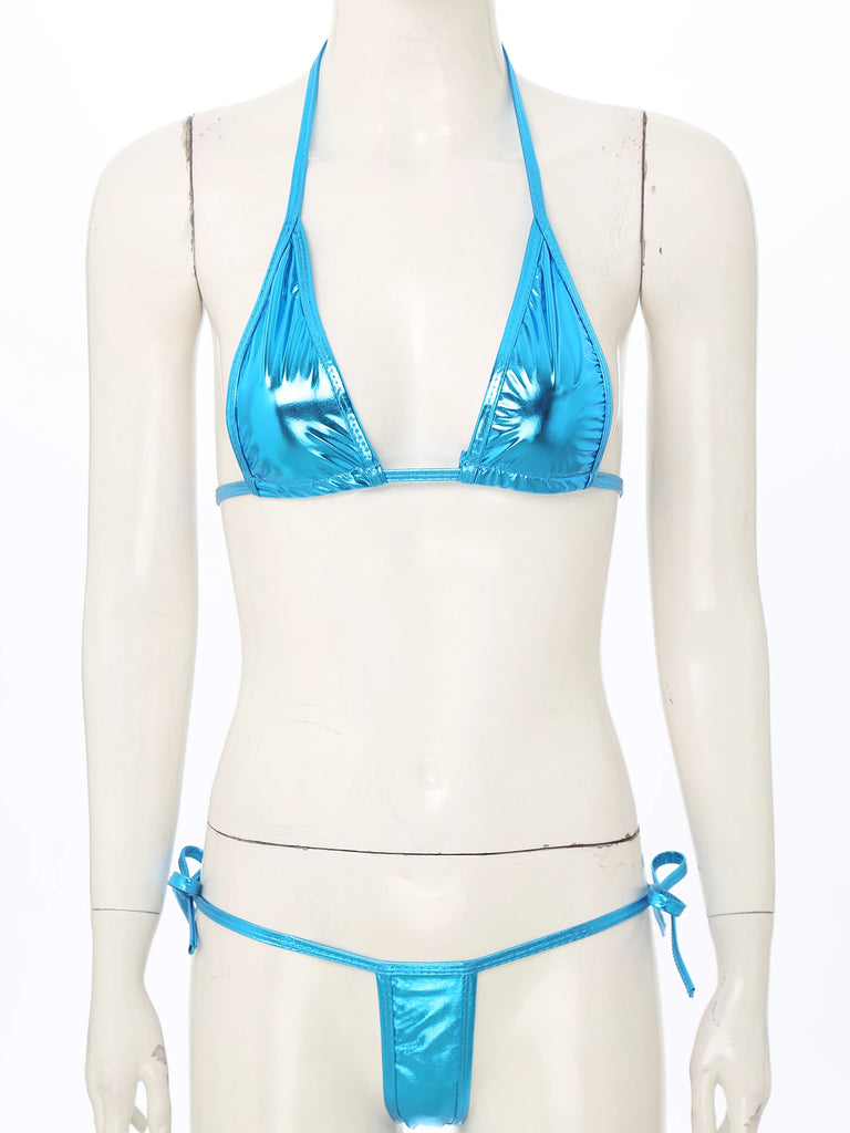 Women’s Metallic Shiny Bikini Set – Lacing Brazilian Micro Swimsuit with Triangle Top & G‑String Bottoms