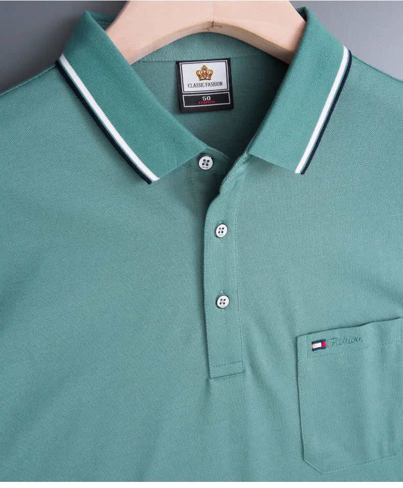 Top Grade Summer Short Sleeve Korean New Fashion Cotton Soft Pure Color Lapel Slim Fit Casual Tops Men's pocket Polo Shirts