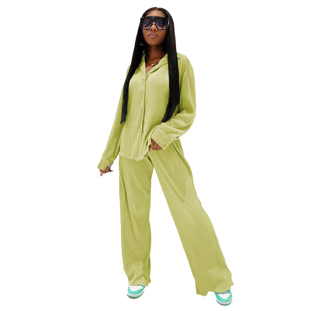 CM.YAYA Street Women's Set Long Sleeve Shirt Tops and Wide Leg Pants Elegant Tracksuit Two Piece Set Sweatsuit Fitness Outfits