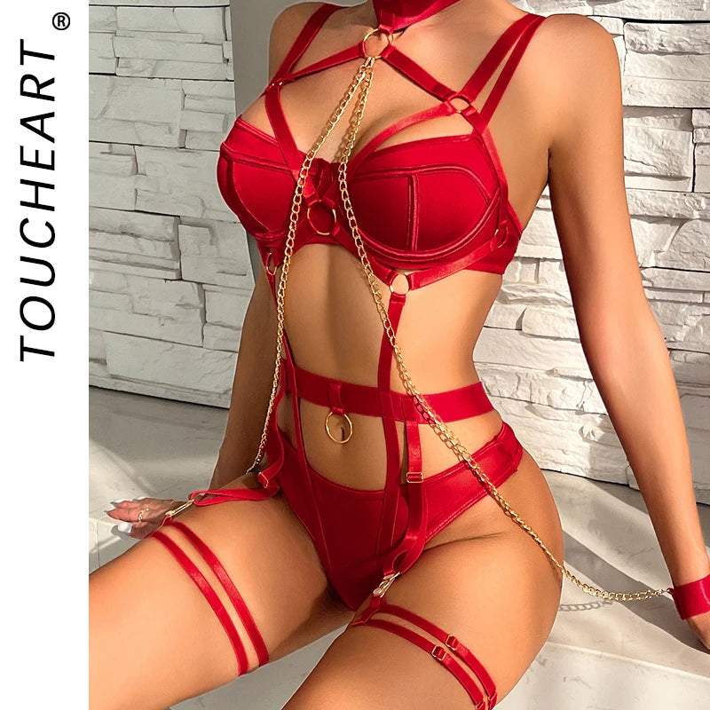 Toucheart Sexy Lingerie Seductive Sexy Role-Playing Chain Four-Piece Set Transparent Underwear For Women Sexy Bra Underwear Set