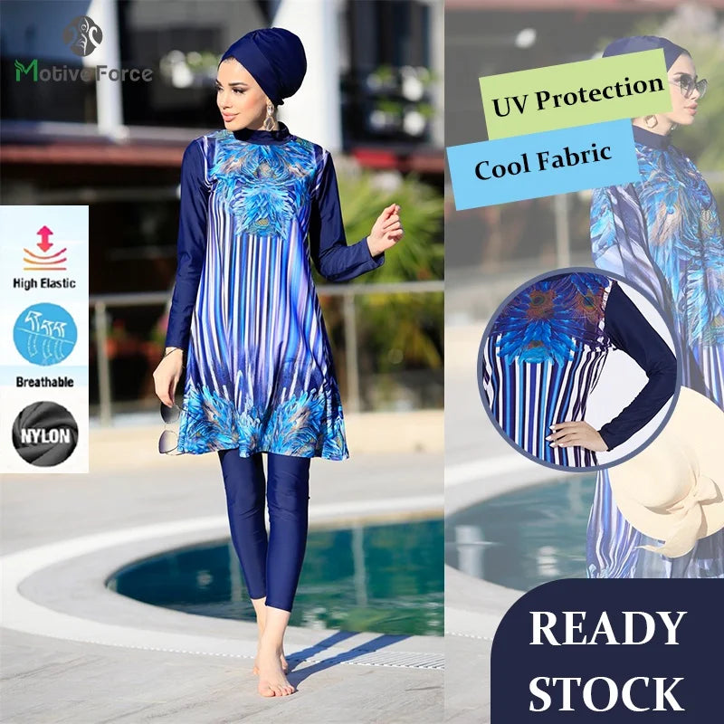 Women’s 4‑Piece Islamic Burkini Set – Long Sleeve Modest Swimwear with Hijab, Digital Print Sports Bathing Suit (4XL)