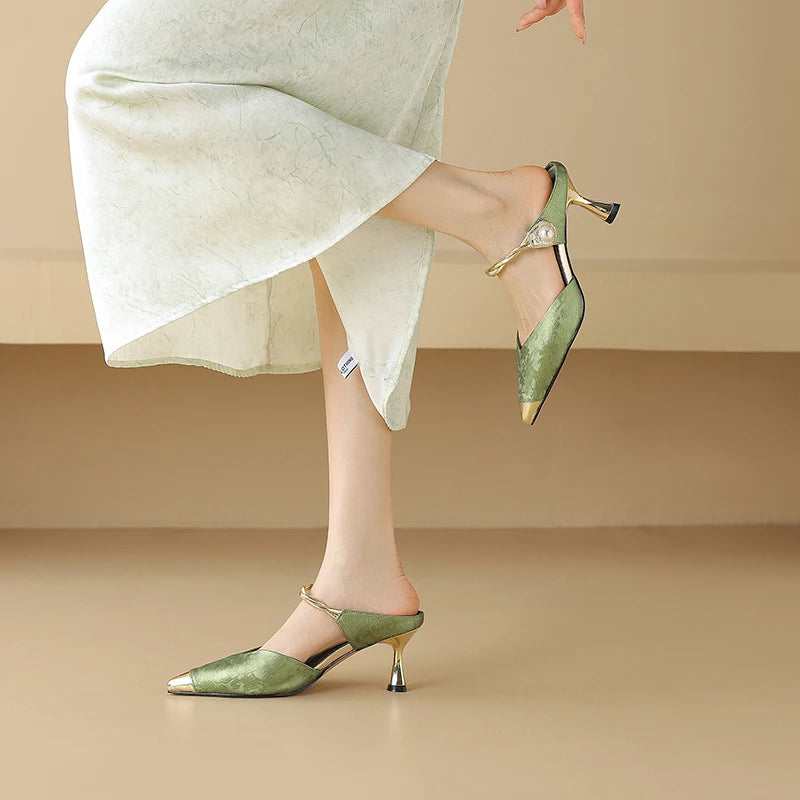 Pointed Toe Pearl Slingback Sandals