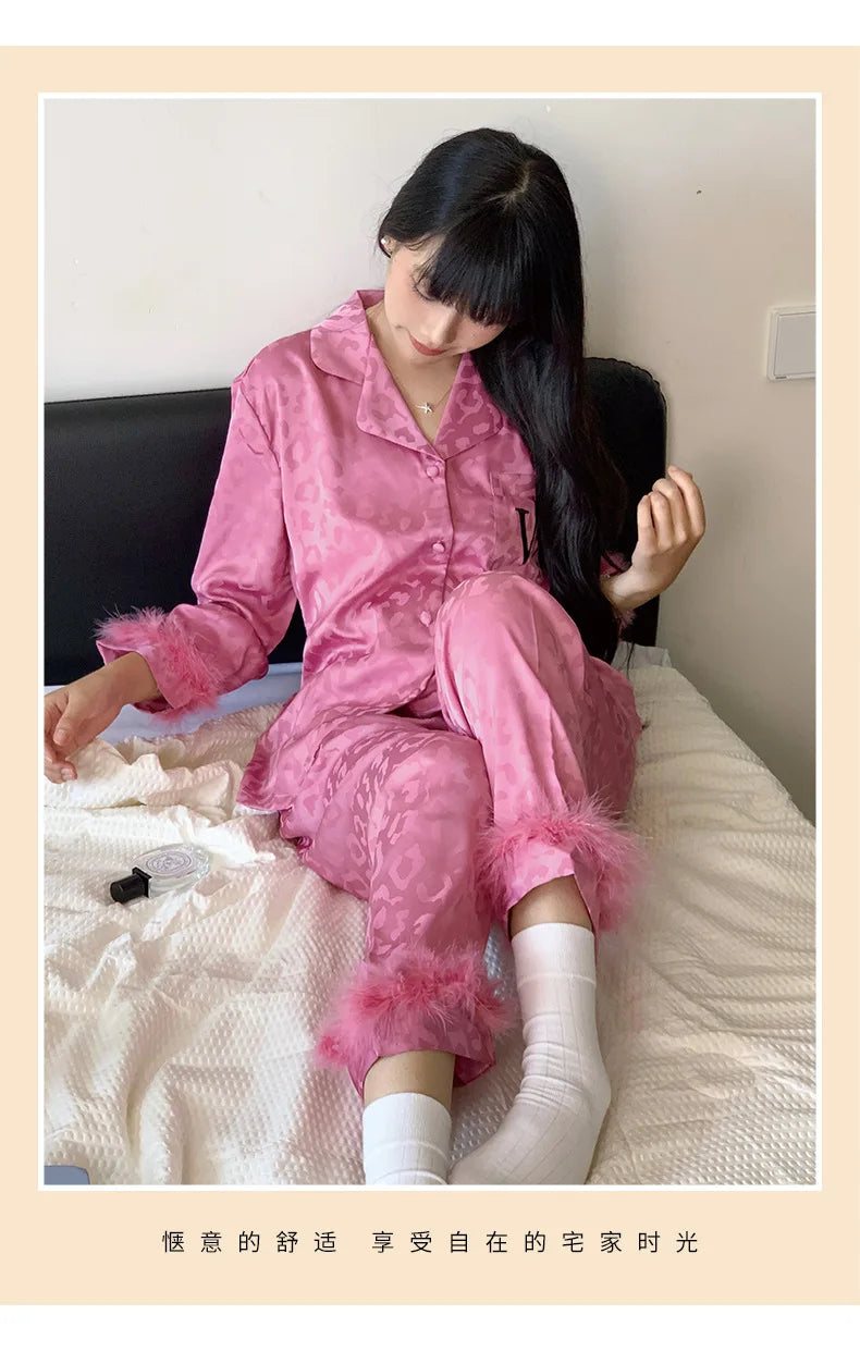 Female 2PCS Pajamas Set Spring Autumn Feathers Long Sleeve Trouser Suits Sleepwear Fashion Sexy Rayon Hot Pink Leopard Homewear