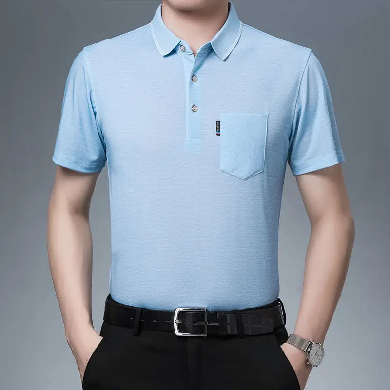 New Summer Men's Short Sleeved T-shirt Ice Silk Middle Aged Lapel Polo Shirt
