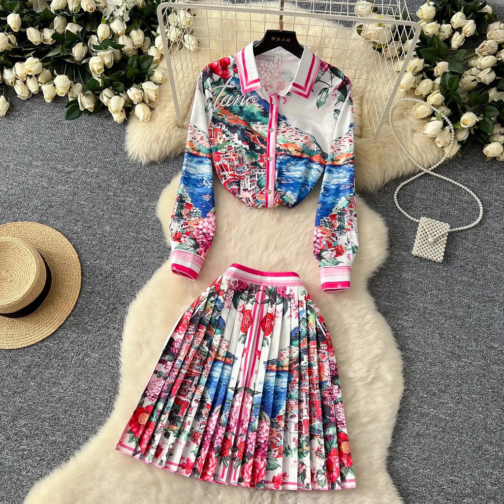 Summer Runway Holiday Gorgeous Flower Skirt Suit Long Sleeve Print Shirt Tops + Pleated Mini Skirt Women's 2 Piece Outfits Skirt