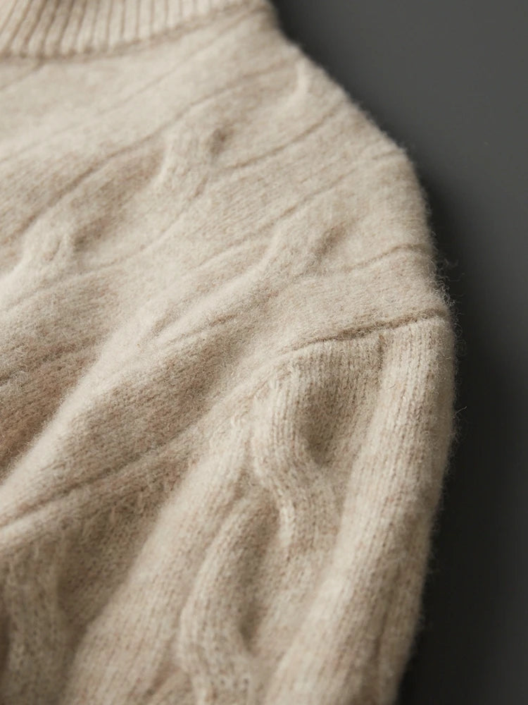 Autumn Winter Men Half Zippers 100% Merino Wool Sweater Thicken Twist Flower Pullover Retro Casual Cashmere Knitwear Solid Tops