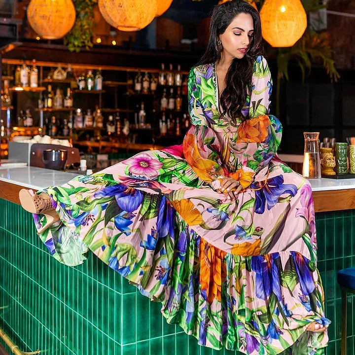 Women’s 2026 V‑Neck Long‑Sleeve Bikini Set – Printed Two‑Piece Swimsuit with Maxi Skirt Cover‑Up
