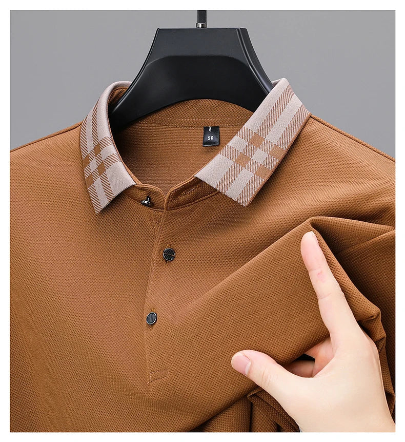 Men’s Light‑Luxury Long‑Sleeve Striped Polo Shirt