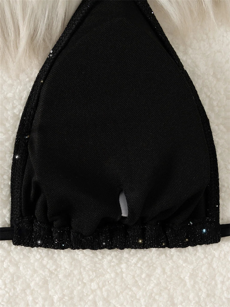 Women’s Shiny Tinsel Micro String Bikini – Black Y2K Sequin Push‑Up Triangle Swimsuit 2025
