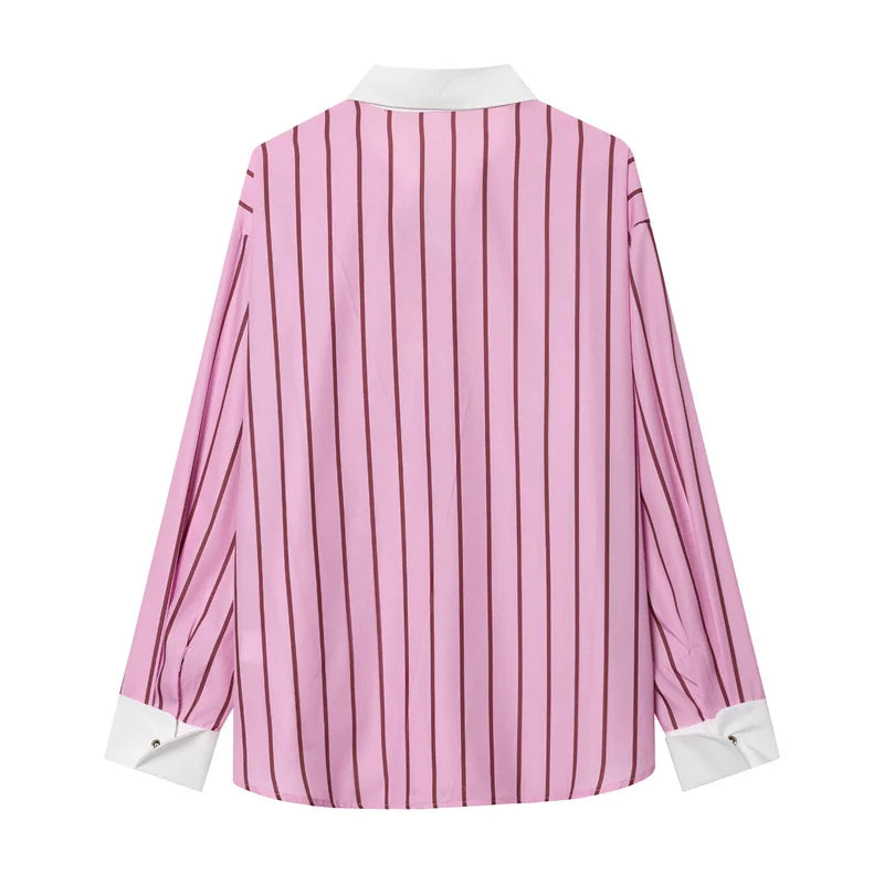 2026 Women’s Long Sleeve Collared Shirt — Striped Cuff Loose Chic Spring Summer Top