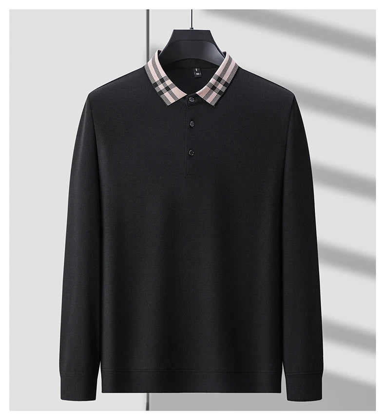 Men’s Light‑Luxury Long‑Sleeve Striped Polo Shirt