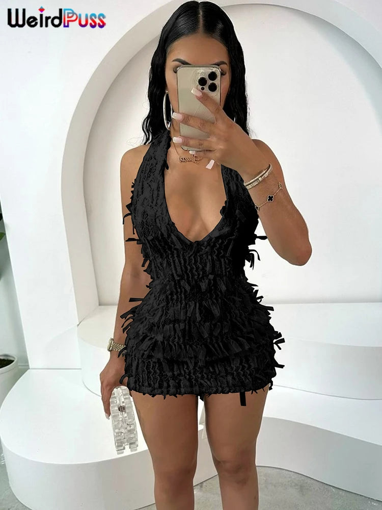 Weird Puss Sexy Halter Tassel Dress Women Y2K Elegant See Through Summer Trend Backless Skinny Stretch Midnight Bodycon Clubwear