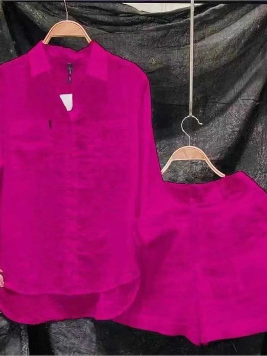 Spring Summer Short Set Women Fashion Green Casual Long Sleeve Shirt Top 2 Piece Set Female Holiday Solid New Suit Lady Clothing